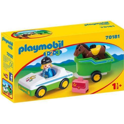 Set Playmobil 1.2.3 - Masina Cu Remorca Si Calut 70181